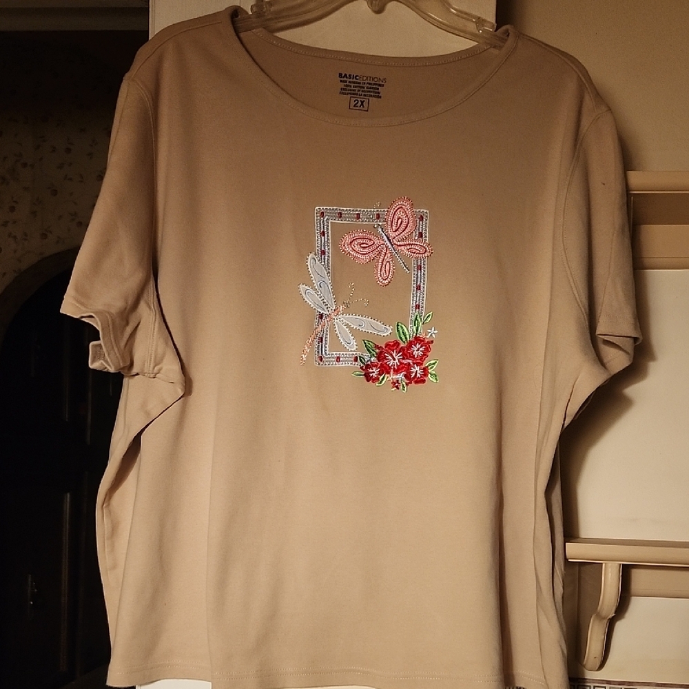 Basic Editions Beige Embroidered Top